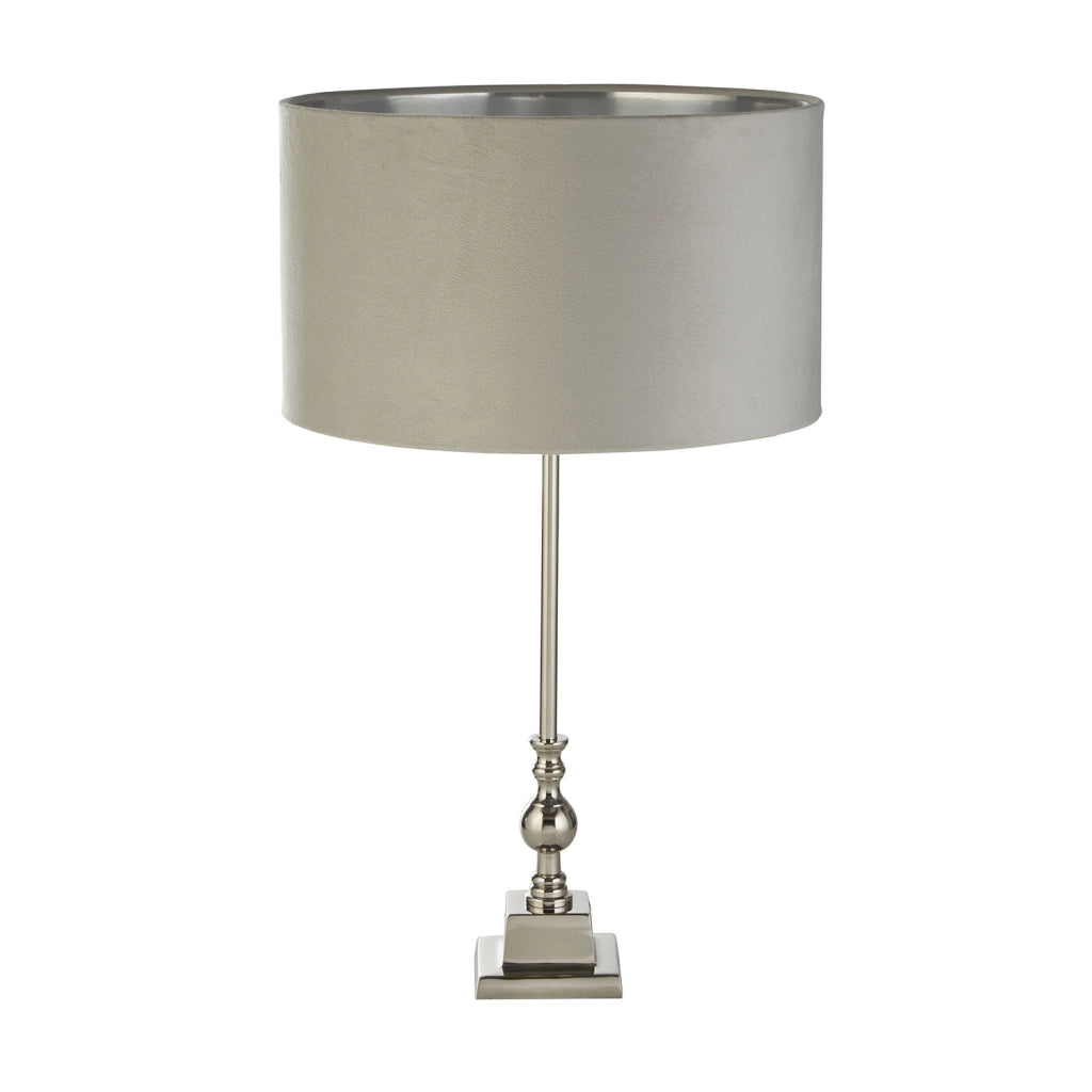 Lampada da tavolo Whitby - Metallo cromato e paralume in velluto grigio