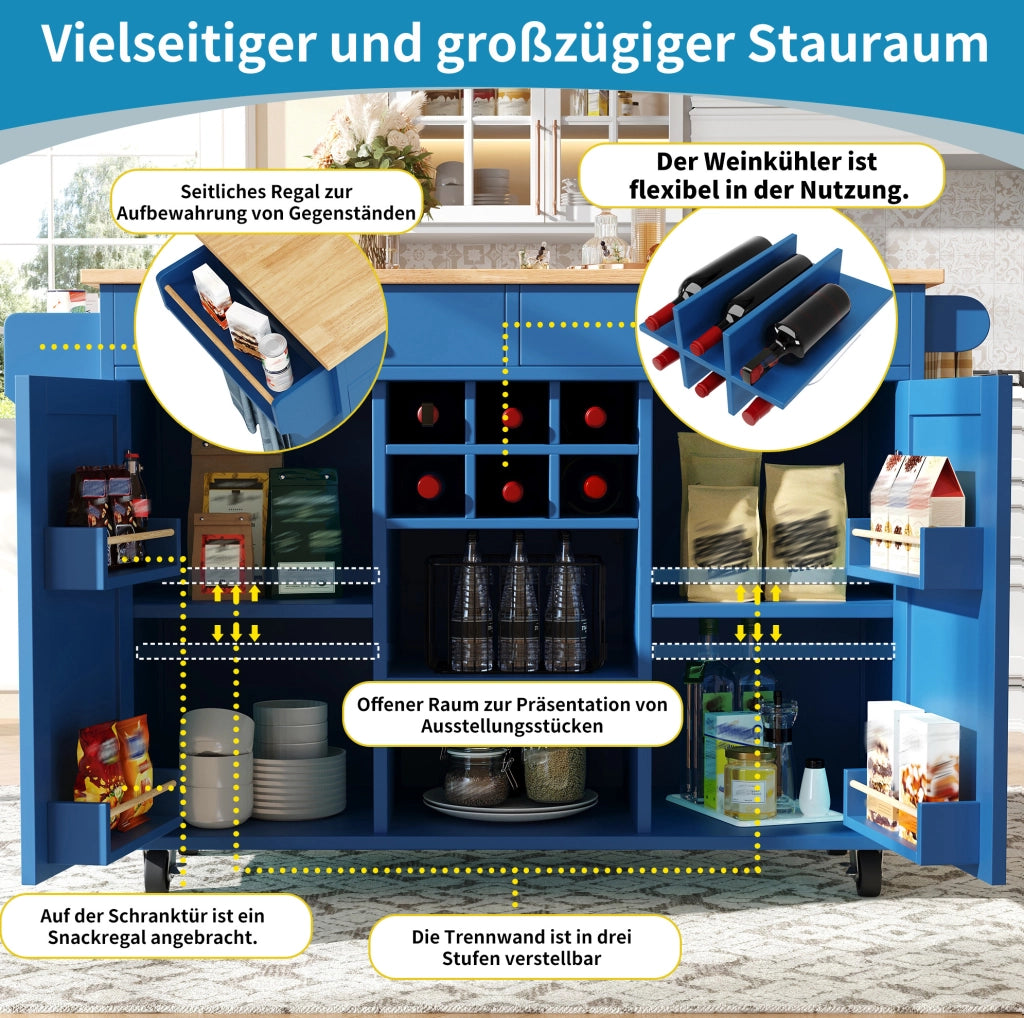 Isola da cucina mobile 102x45x92 cm blu con portabottiglie