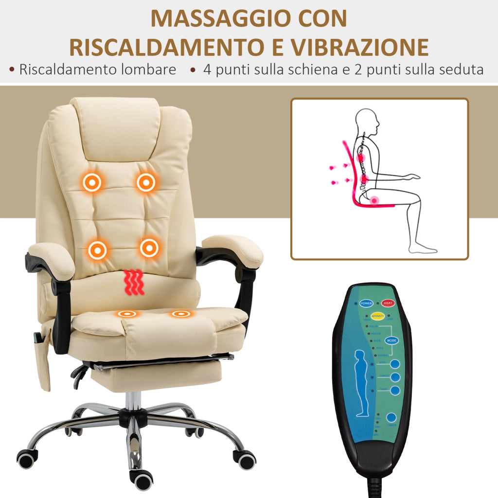 EasyComfort Poltrona Massaggiante Ergonomica ad Altezza Regolabile con 6 Punti Vibranti, 65x160x104 cm, Crema