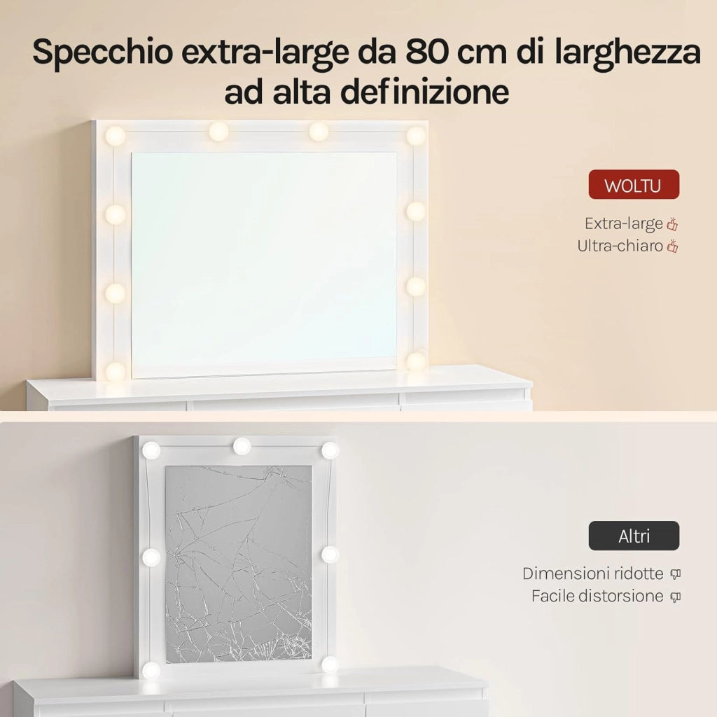 Grande toeletta da trucco, Toeletta con Specchio e Luci, Tavolo da trucco con specchio, Postazione Trucco con 7 cassetti per Camera da Letto, bianco, 107 cm