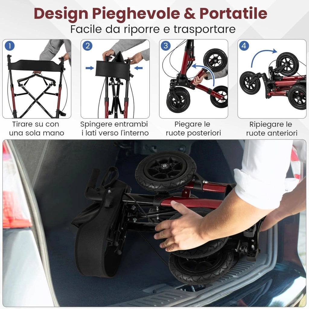 Deambulatore Pieghevole per Anziani in Alluminio, Rollator Regolabile in Altezza con Seduta, Schienale e Freni, Girello per Anziani con Borsetta, Carico Massimo 140 kg (Rosso)