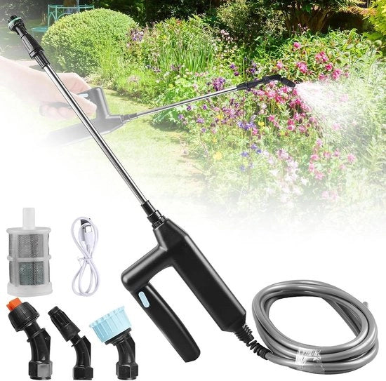 Sproeieraerator elettrico con Asta Telescopica da 236 pollici, Sparatore a batteria con Tubo da 5 m e 3 Sfoggetti - Caricabile via USB 7.4V per Giardino e Corte