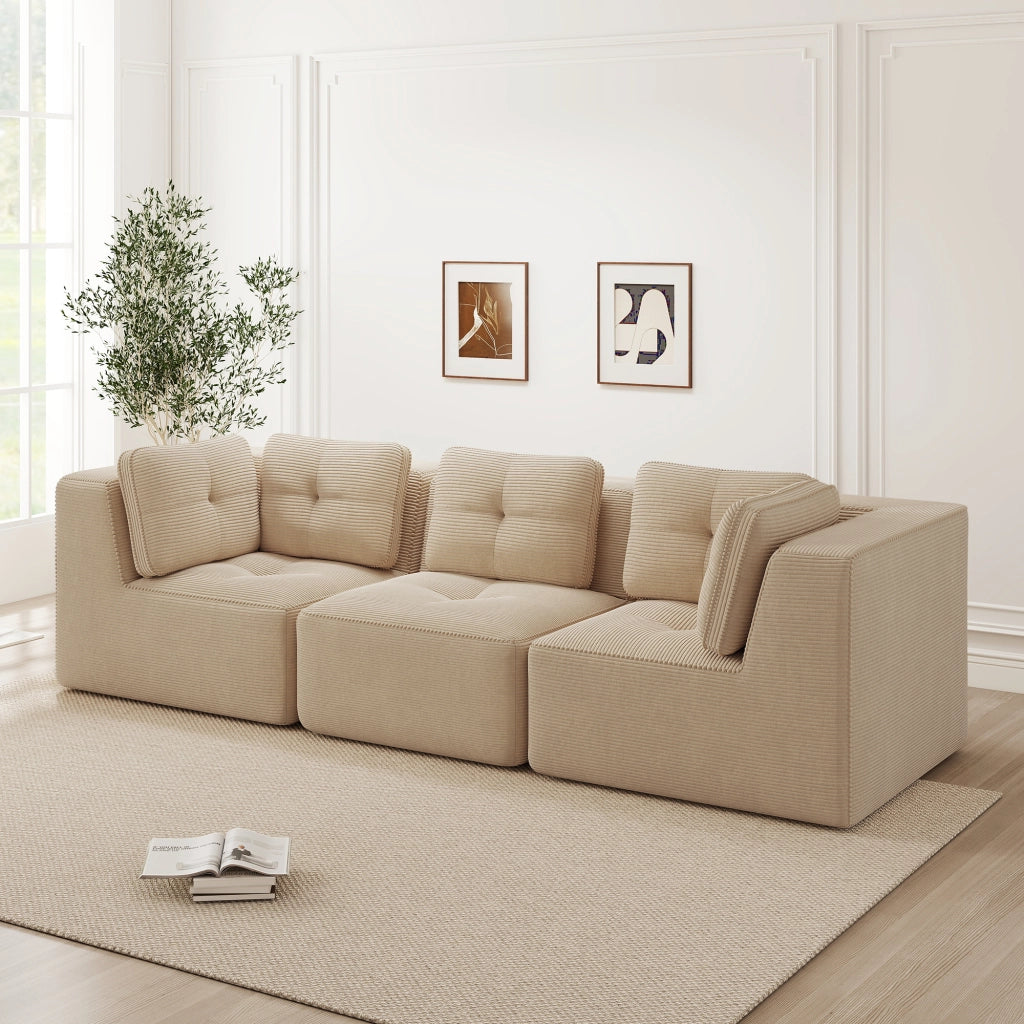 Divano angolare modulare senza struttura in tessuto corduroy con seduta profonda e comfort morbido beige