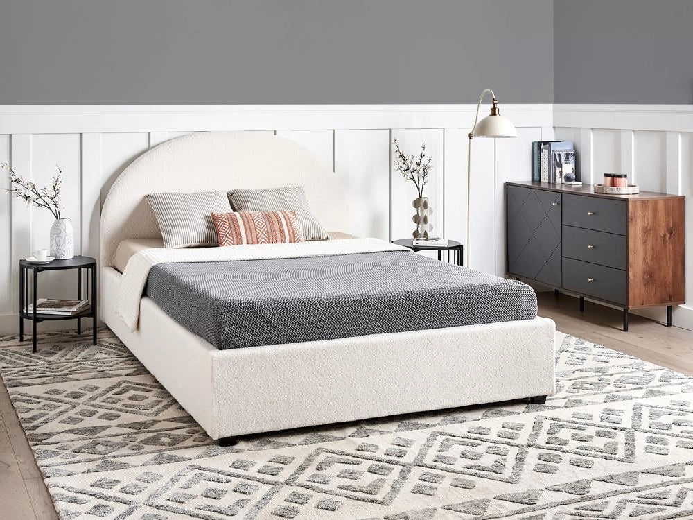 Letto contenitore matrimoniale imbottito tessuto bianco sporco retrò minimalista 140 x 200