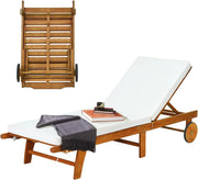 Lettino Prendisole con Schienale Regolabile, Sedia Sdraio in Legno di Eucalipto, Sdraio dav Spiaggia con Cuscino e 2 Ruote, Portata fino a 160 kg, Natura e Beige, ‎195 x 68 x 30-90 cm (1)