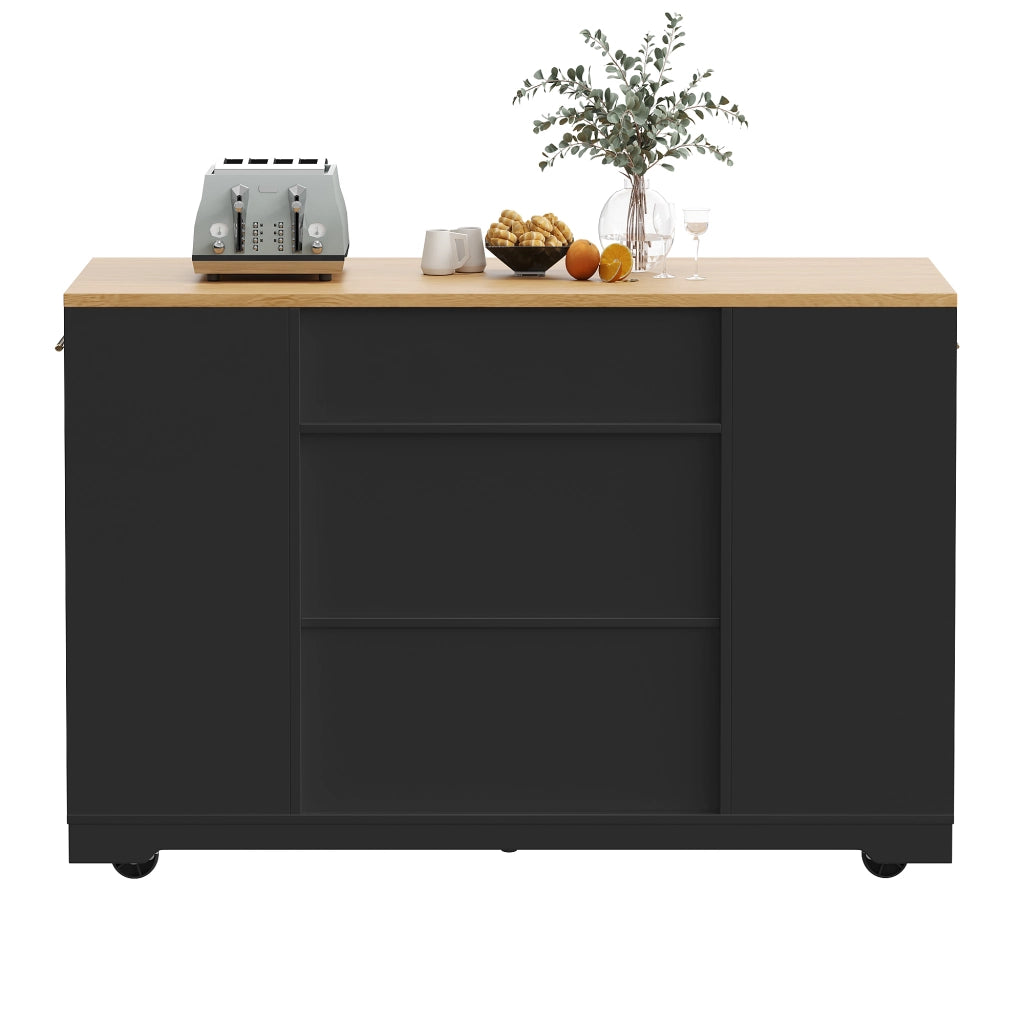 Carrello da Cucina con 2 Ante; 3 Cassetti; Vano per Rifiuti e 5 Ruote; in MDF e Metallo; 120x50x92 cm