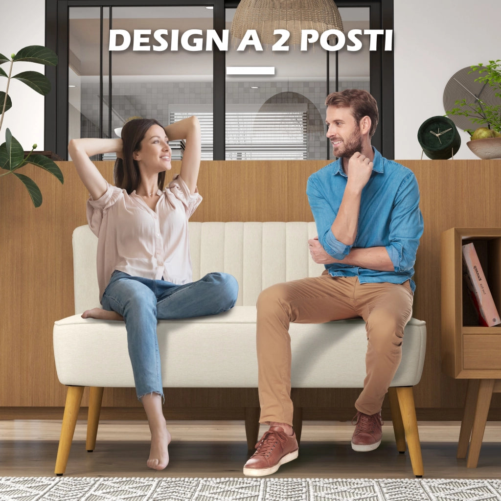 Divano 2 Posti in Tessuto Effetto Lino Senza Braccioli con Gambe in Legno, 117x56.5x77 cm, Bianco Crema