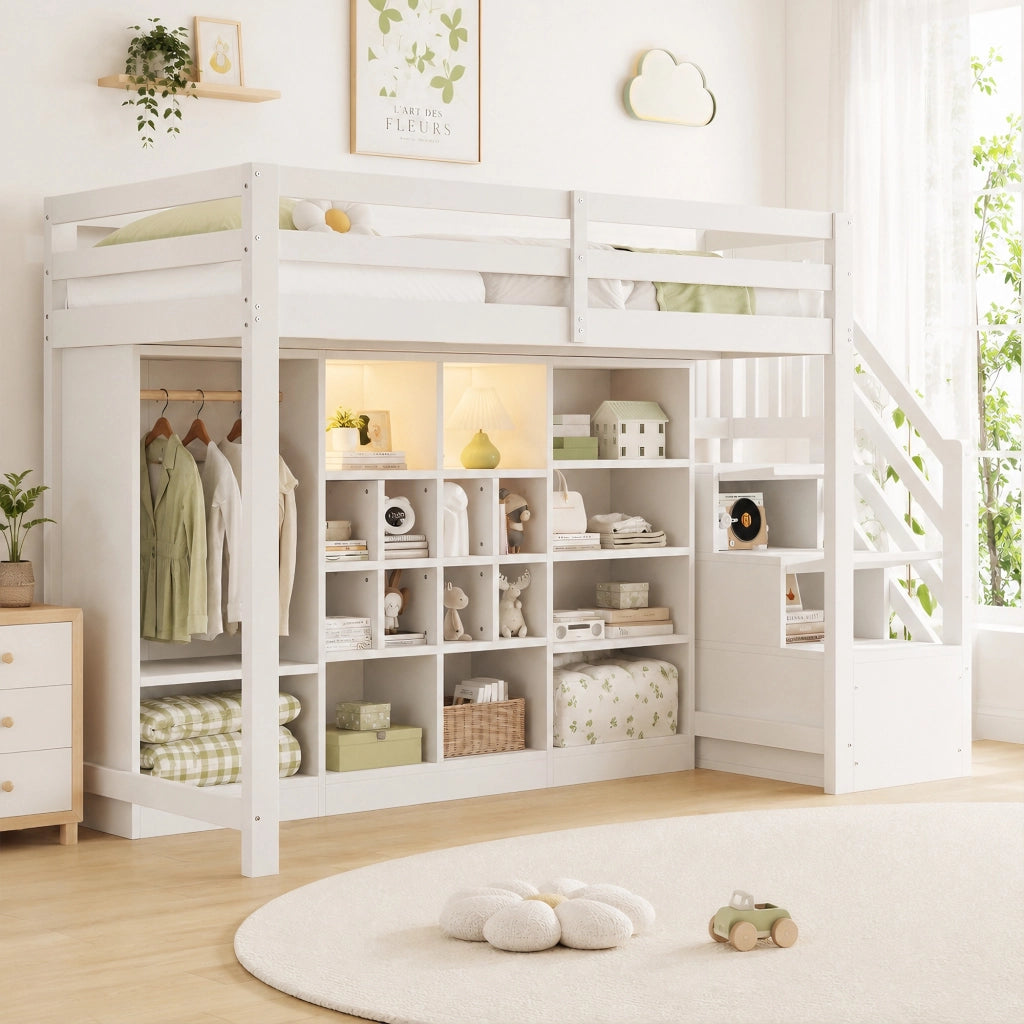 LETTO A Soppalco 90x200 cm in Legno Bianco con Armadio, Ripiani e LED