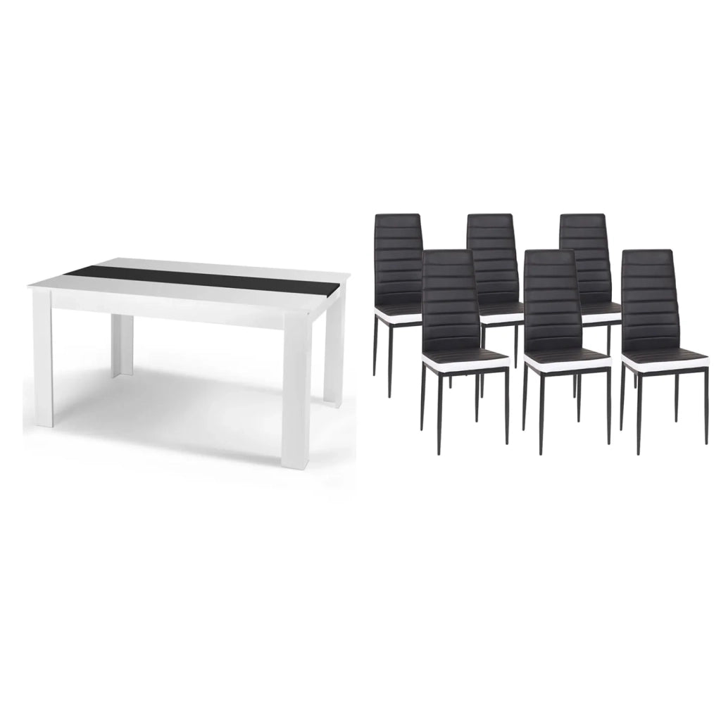 IDMarket - Tavolo da pranzo GEORGIA 140 cm bianco e nero e 6 sedie ROMANE nere con bordo bianco