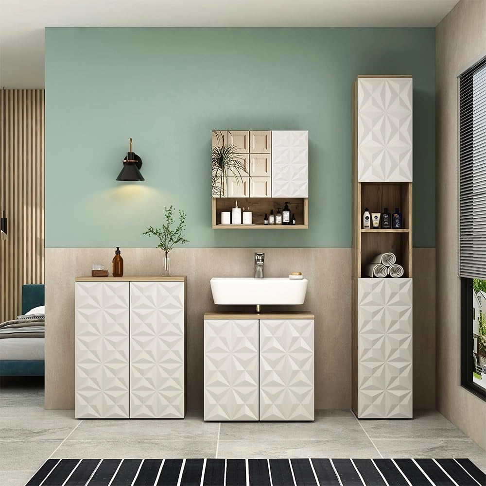 Specchio contenitore bagno Edge, Bianco, 54 x 55 cm con anta e vani a giorno, per la conservazione in bagno con meccanismo push-to-open