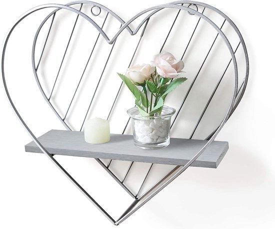 Pannello Decorativo Rustico Flottante con Assi Grigie per Parete Corpo in Metallo con Motivo a Forma di Cuore Argento Stile Rurale per Camera da Bambini Bagno e Cucina