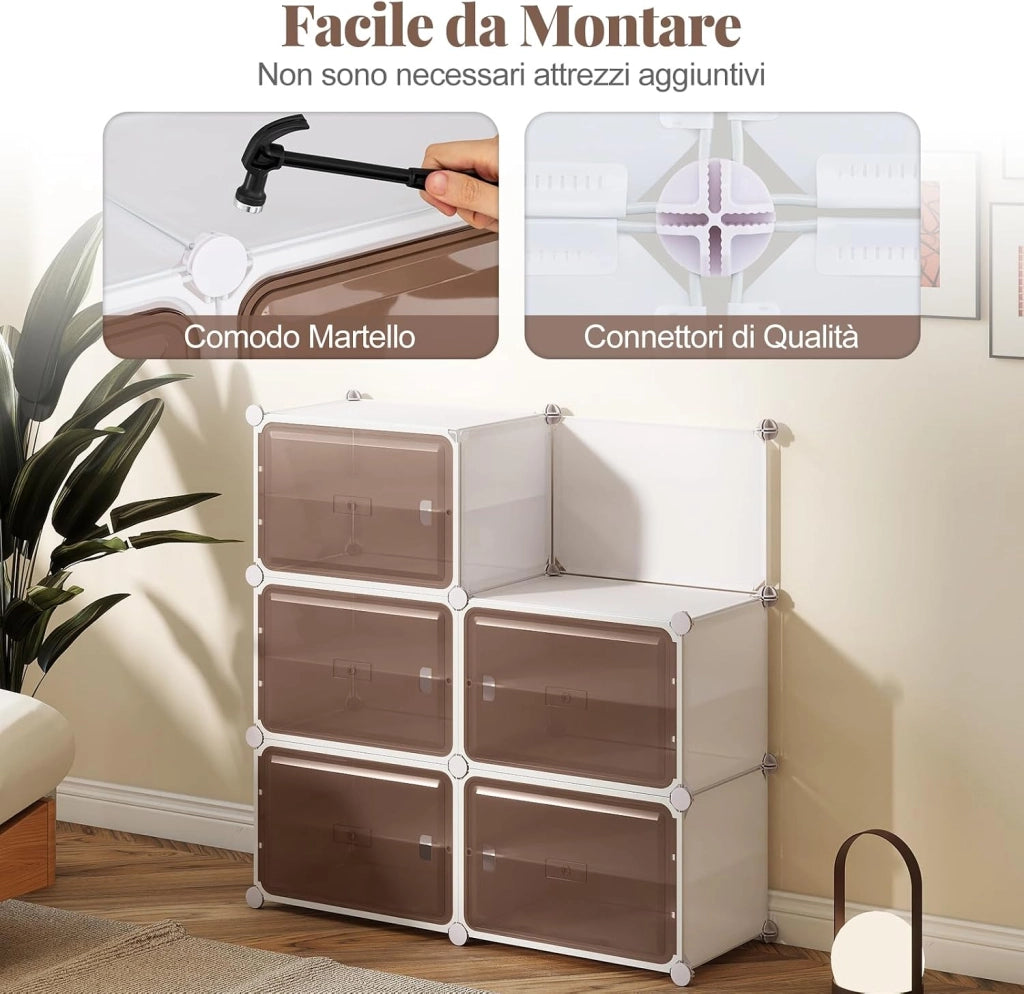 Scarpiera Salvaspazio a 8 Scomparti, Porta Scarpe da 32 Paia con Mensole Rimovibili, Ganci Laterali e Porte Magnetiche, Scatole per Scarpe Impilabile in Plastica (95×32×126 cm)