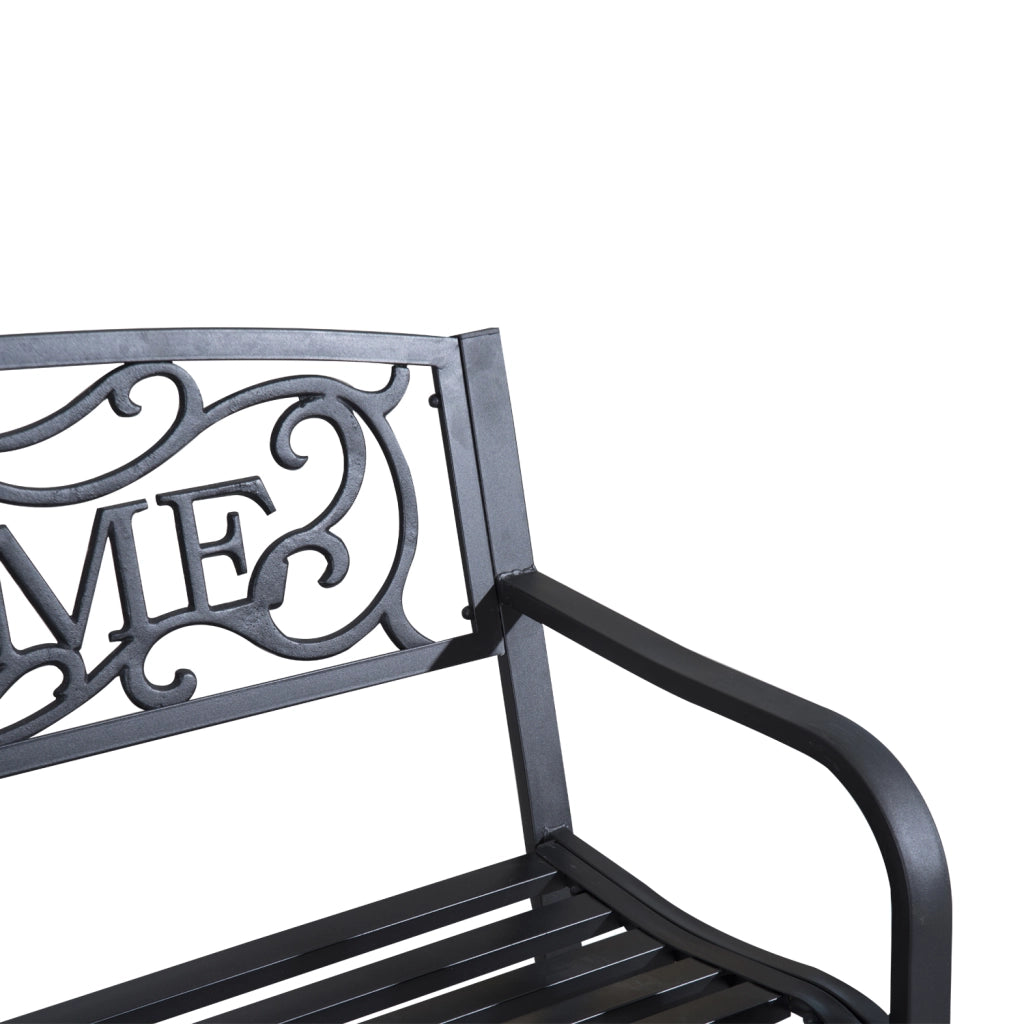 Panchina da giardino 2 posti in ferro nero, design decorativo con schienale “WELCOME”