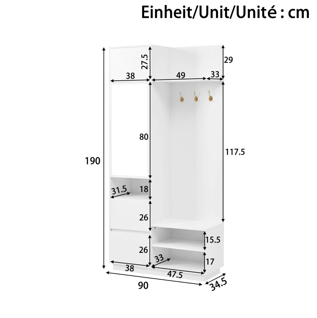 Guardaroba ingresso 5 in 1 con specchio; scarpiera; cassetti e panca; MDF bianco