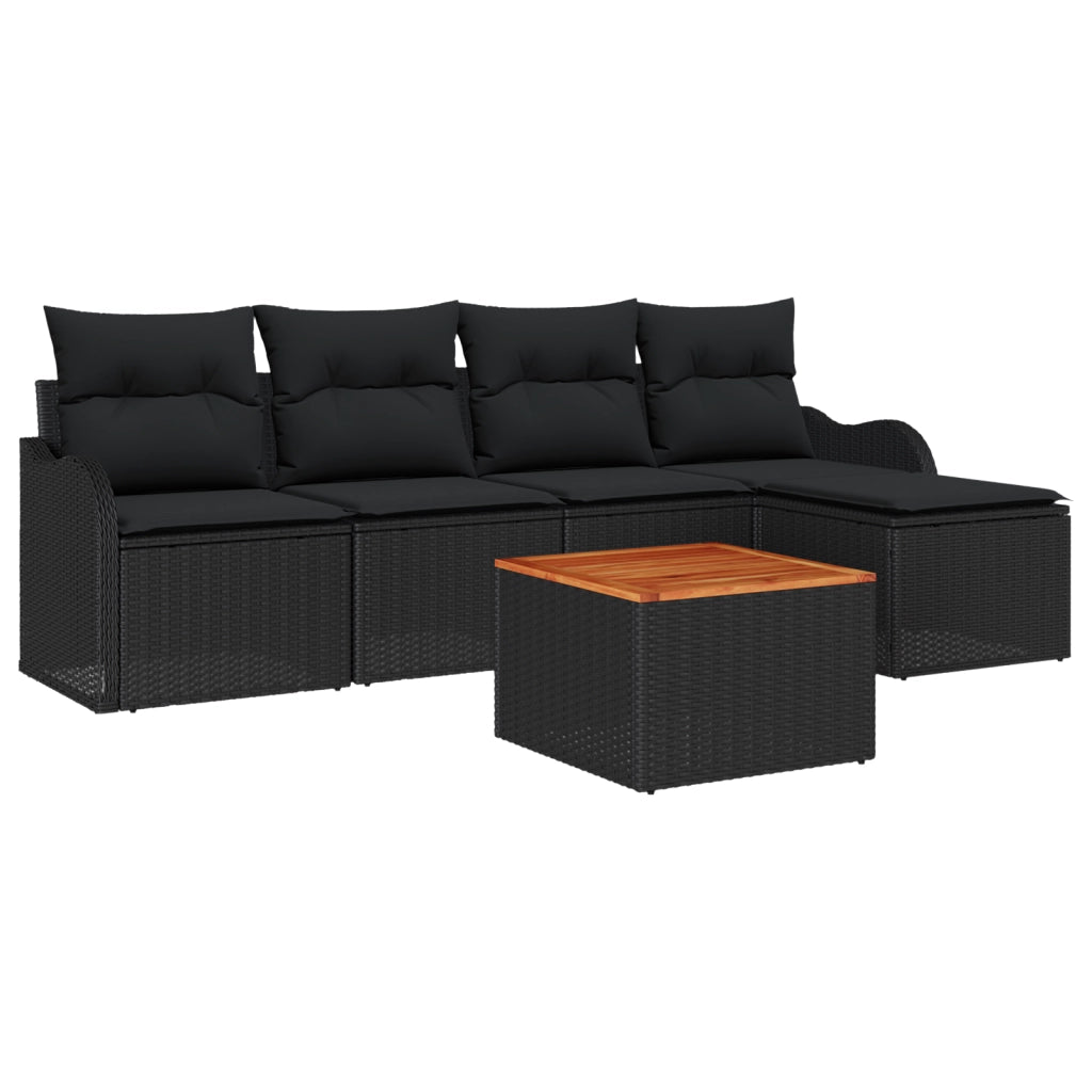 Set Divano da Giardino  di 6 Pezzi con Cuscini Nero Polyrattan Acacia