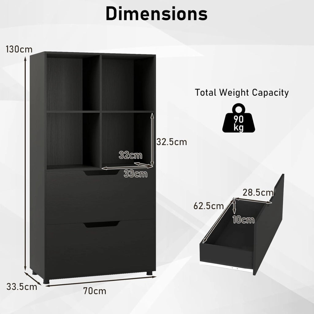 Libreria con 4 cubi e 2 cassetti, scaffale da libreria a piedi con kit antiribaltamento, mobile di stoccaggio autoportante per ufficio, soggiorno, ufficio casa (nero)