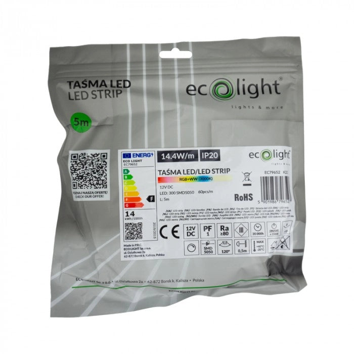 Striscia LED RGB+Bianco Caldo 14,4W/m 12V 5m IP20 Ecolight