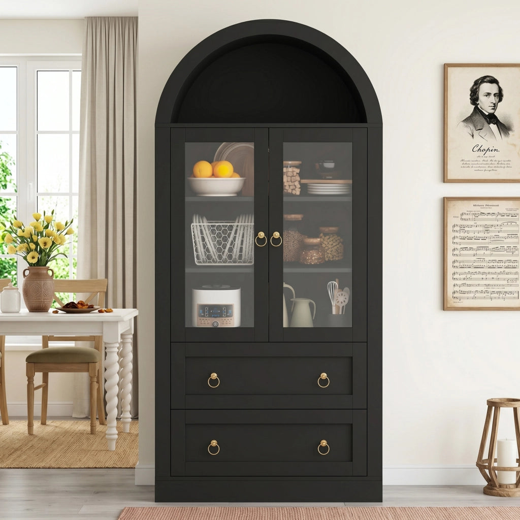 Armadio contenitore ad arco nero 80x36x170 cm con ante in vetro e ripiani regolabili