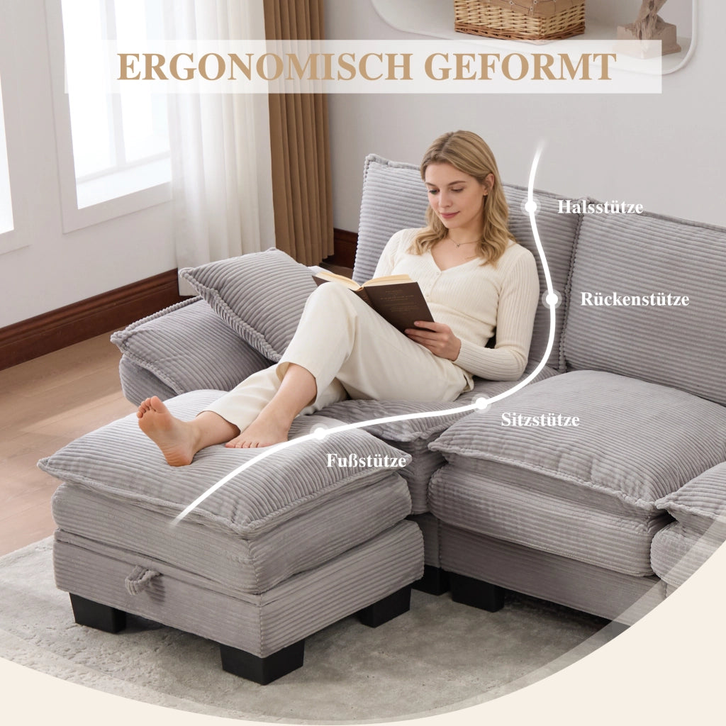 Divano modulare 4 posti in tessuto effetto corda con 2 pouf, ricarica USB-C e tasche laterali, grigio chiaro