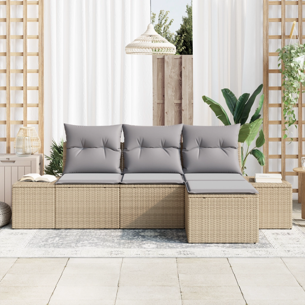 Set Divano da Giardino 4 Pezzi con Cuscini Beige Rattan Sintetico