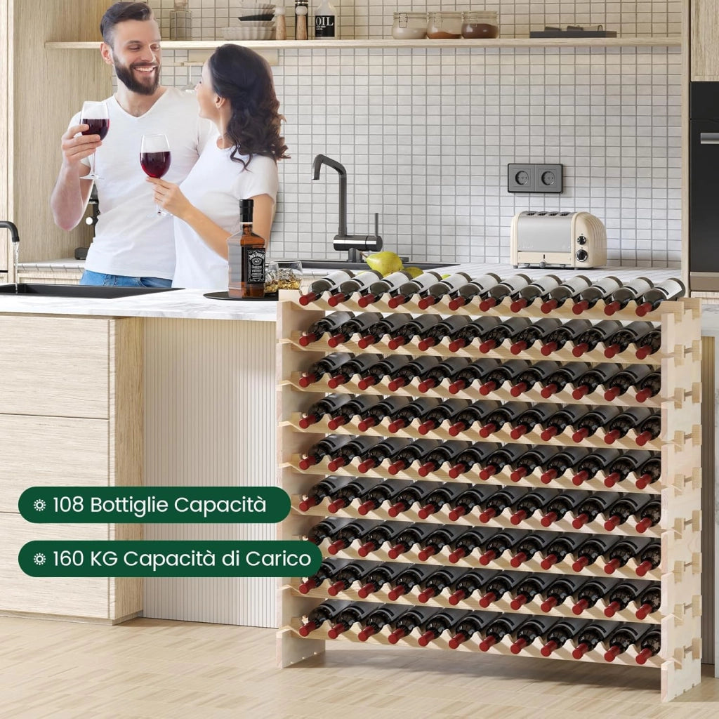 Portabottiglie di Vino da 9 Livelli per fino a 108 Bottiglie, Cantinetta Portabottiglie di Vino in Legno di Pino Naturale, Scaffale Espositivo da Pavimento per Vino da Bar (120 x 29 x 106 cm)