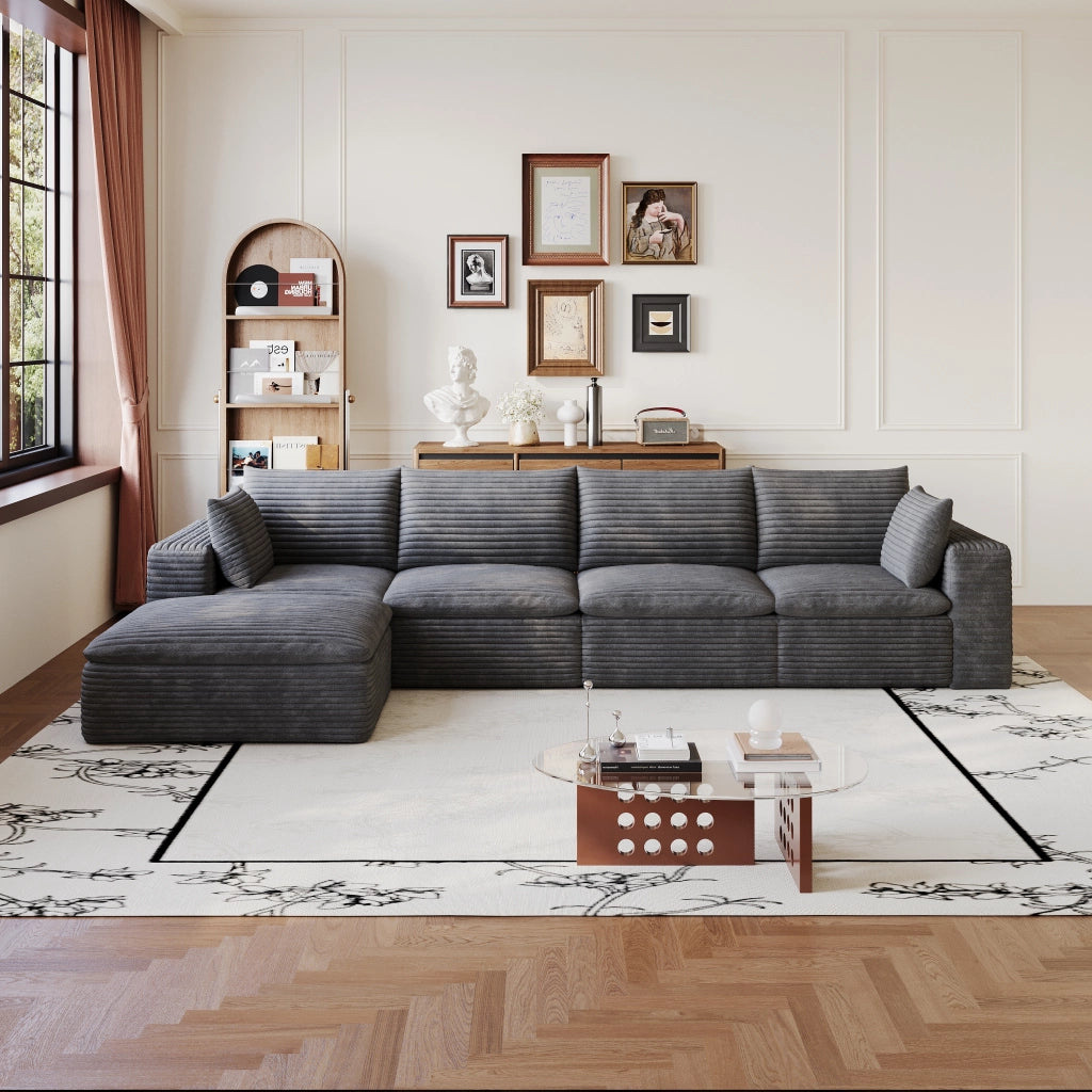 Divano 3 Posti in Velluto a Coste ¨C MINIMAL ¨C Grigio Scuro, 340cm, Imbottito, Cuscini