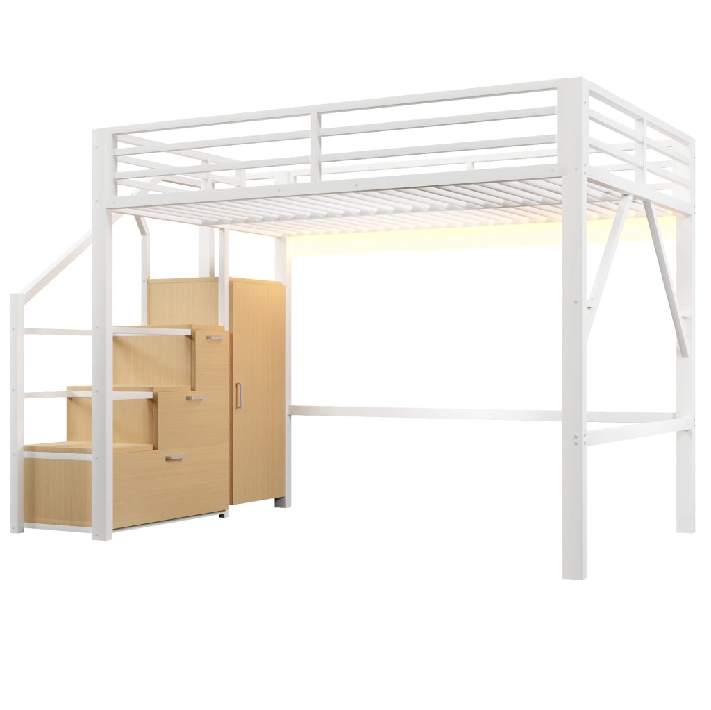 Letto a soppalco 140x200 cm in metallo e MDF con armadio; vani contenitori e LED; bianco