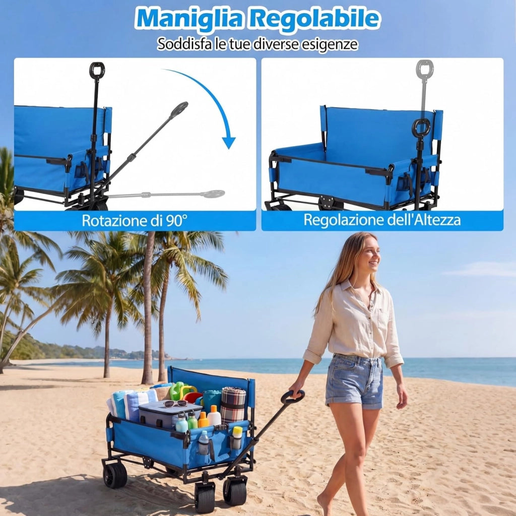 2 in 1 Carrello Pieghevole con Panca, Carrello Trasportabile con Maniglia Regolabile, Cuscini Morbidi e Ruote, Carrello da Giardino in 600D Oxford, 80 kg, 85 L, per Campeggio e Spiaggia (Blu)