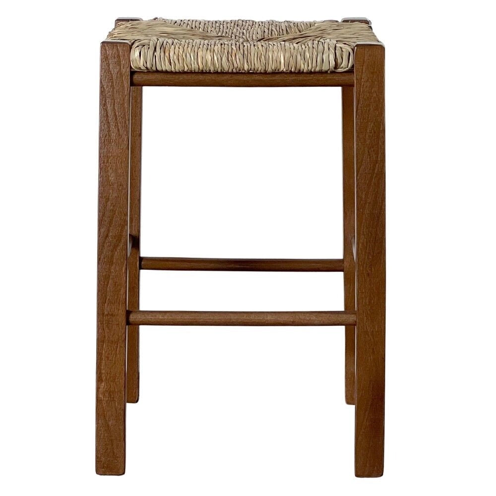 Sgabello legno seduta quadrata paglia h 47 cm noce scuro gamba dritti