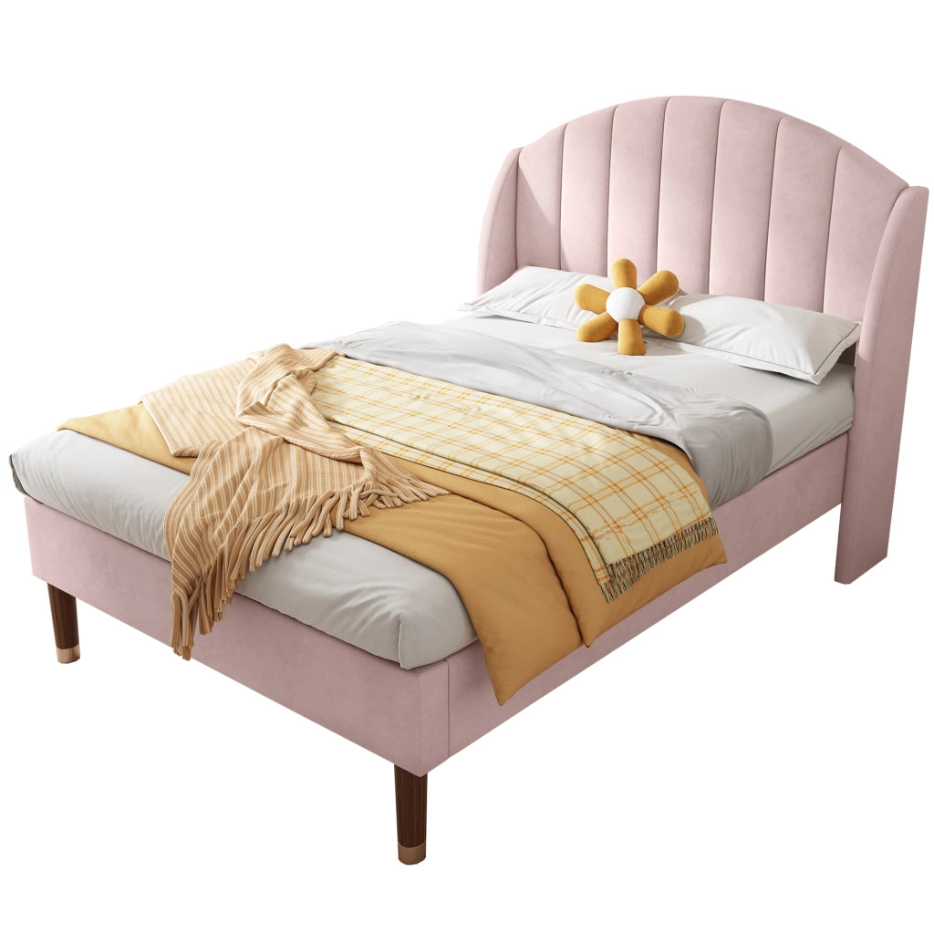 OKWISH Letto Singolo 90×200 cm con Testiera Imbottita e Rete a Doghe, senza Materasso, in Velluto, Rosa