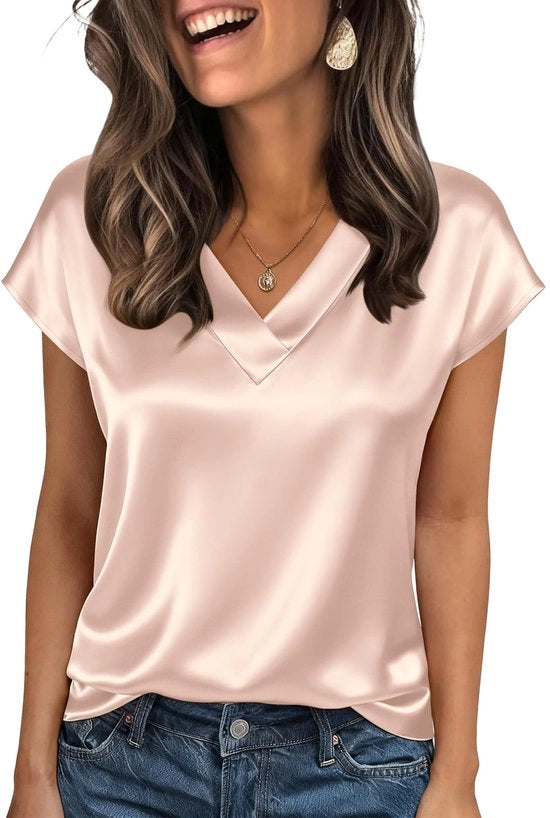 Bluse elegante a collo V con maniche corte per donne, camicie da ufficio S-XXL