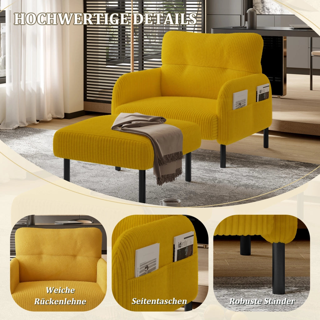 POLTRONA singola in corduroy giallo 67x75x79 cm con tasca laterale