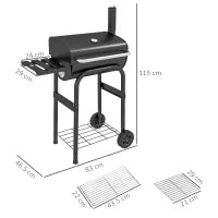 Barbecue a Carbone con Coperchio, Termometro e Camino, Ripiani e Ruote, Nero