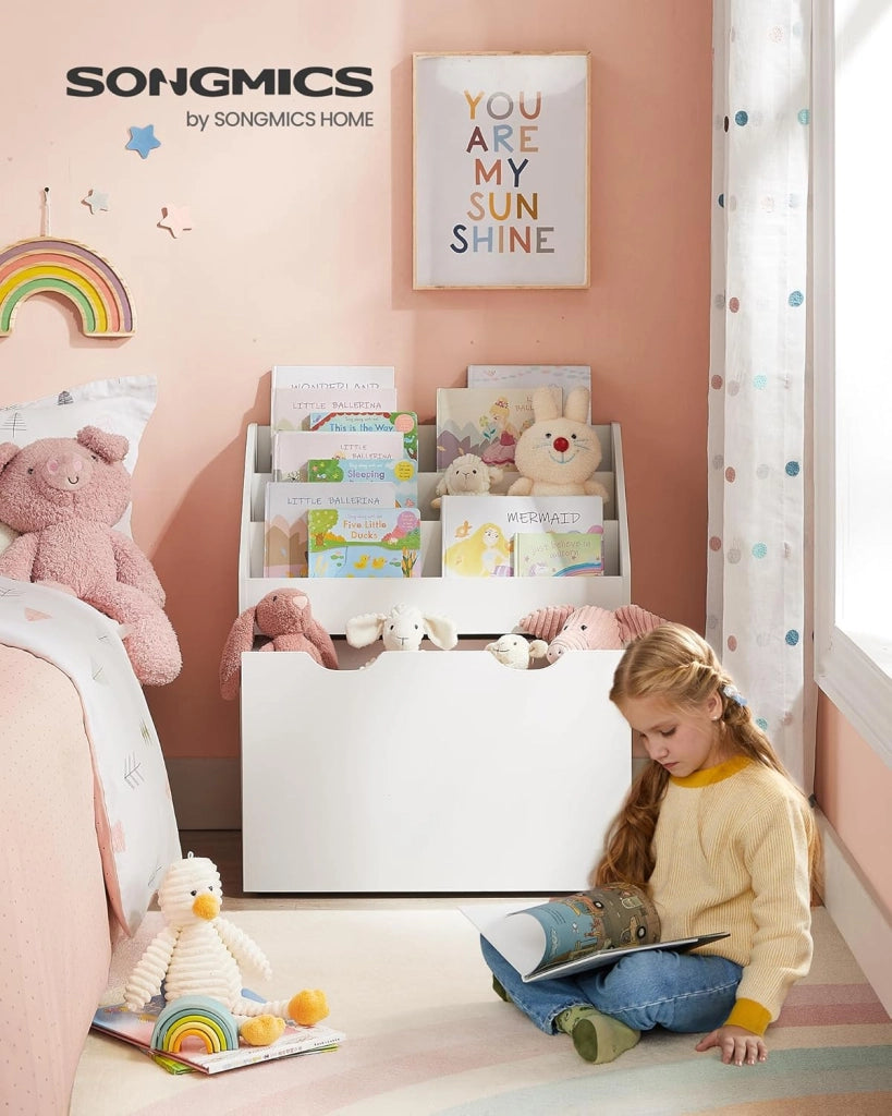 Scaffale per Giocattoli, Libreria per Bambini a 3 Scomparti, Contenitore Portagiochi Estraibile con Ruote, Multiuso, per Cameretta e Stanza dei Giochi, Bianco Nuvola GKR041W10