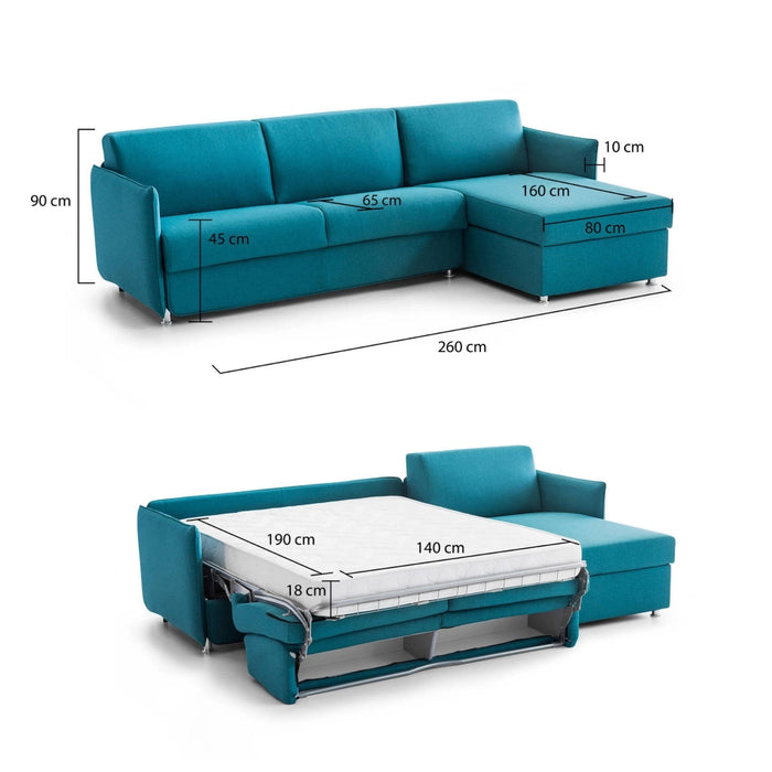 Sumirago, Divano Letto con Penisola Sfoderabile Made in Italy, 260x160 cm Azzurro