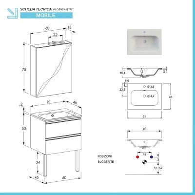 Mobile bagno sospeso 60 cm grigio cemento con lavabo e specchio contenitore Master