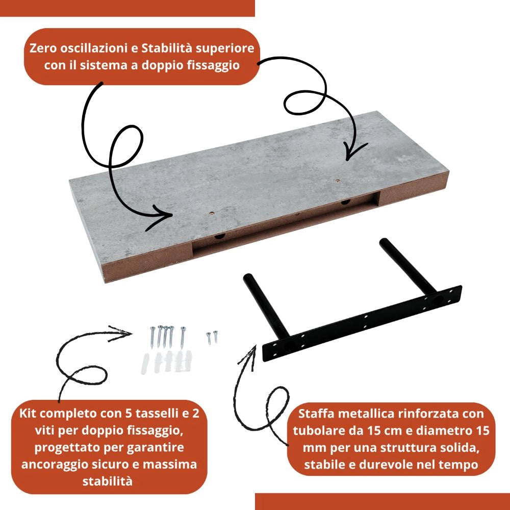 Mensola da muro in Legno MDF con staffe a scomparsa 60x23x3,8 cm Colore Cemento