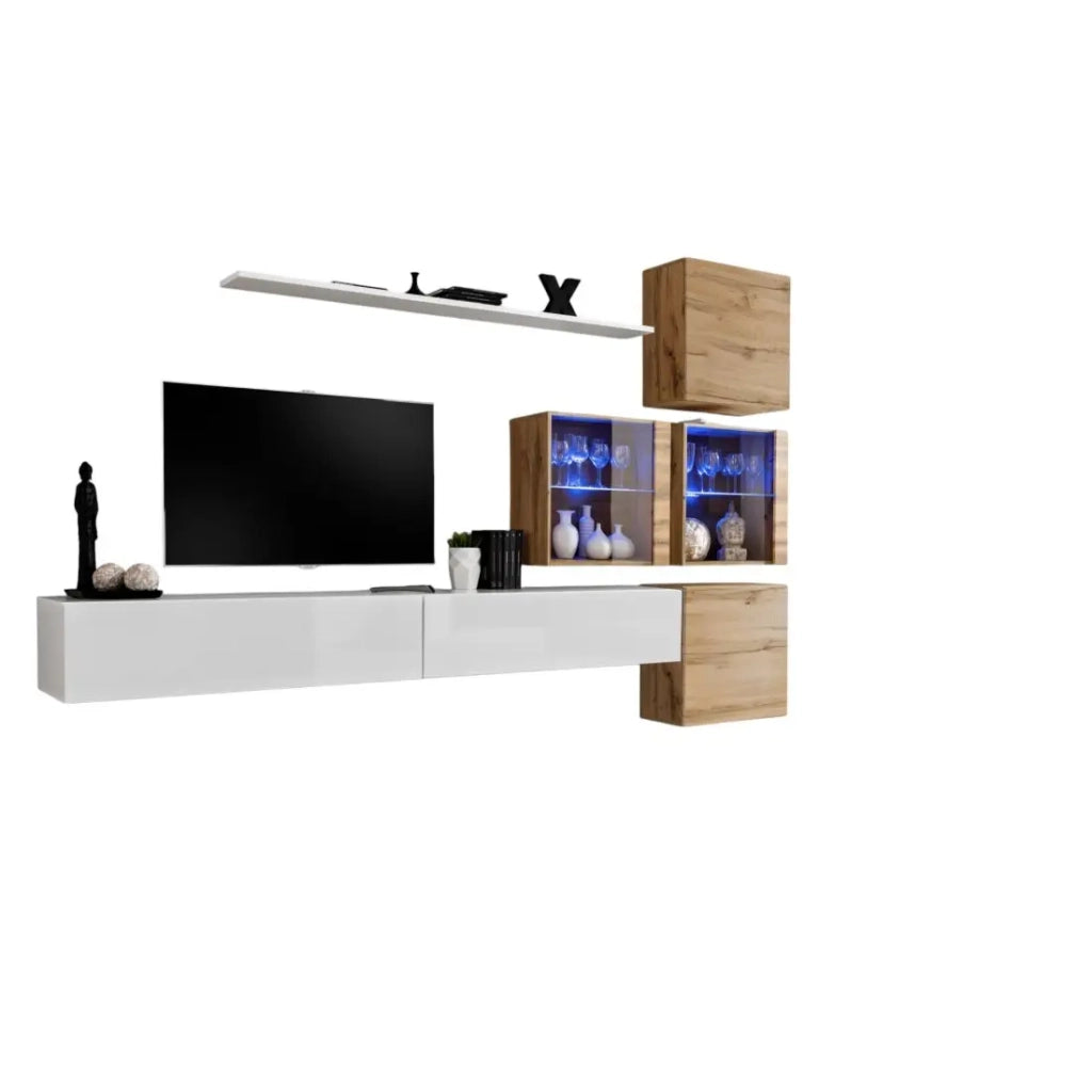 Set di mobili da soggiorno SWITCH XIX design, colore bianco lucido e rovere Wotan.