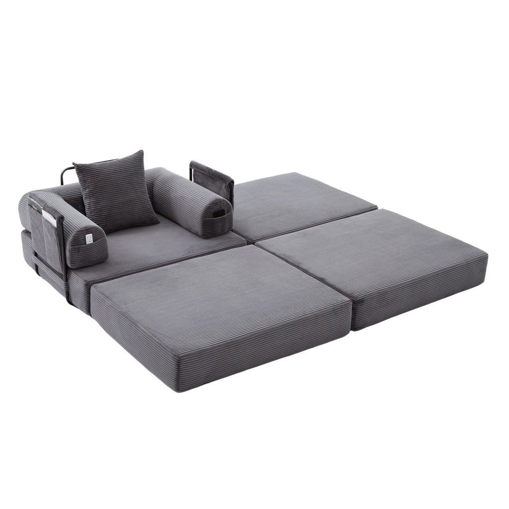 Divano modulare in corduroy con poggiapiedi, design ergonomico, tasca laterale e cuscino, grigio scuro