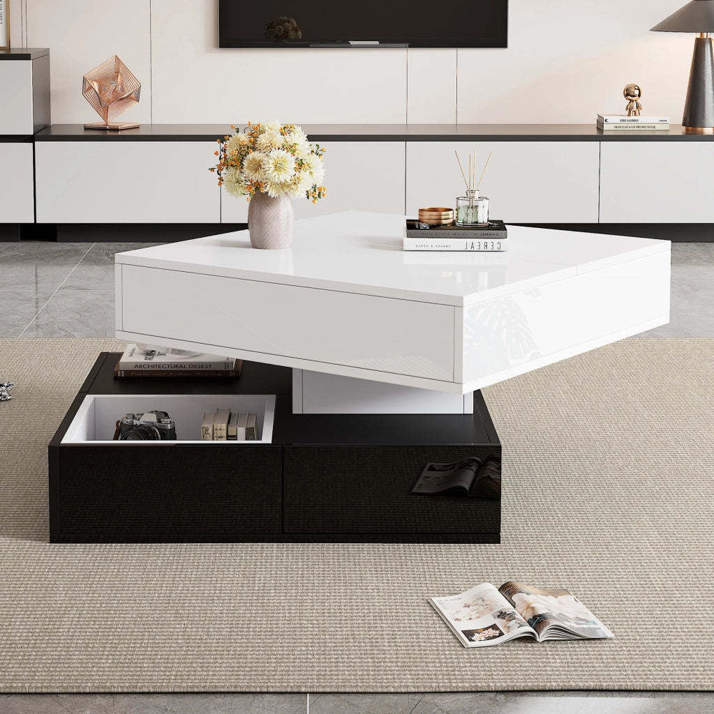 Tavolino da salotto quadrato sollevabile con piano girevole 360°; 70x70x40/55 cm; bianco nero