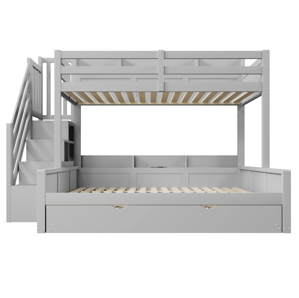 Letto a castello 90x200 e 140x200 cm con letto estraibile; scala contenitore e USB; grigio