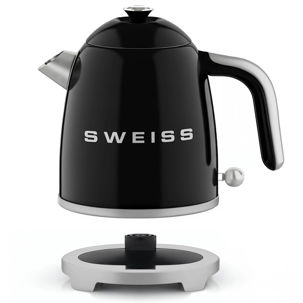 Bollitore elettrico vintage KTS7, 1 L, acciaio inox, 1000 W,Base girevole a 360°, Nero