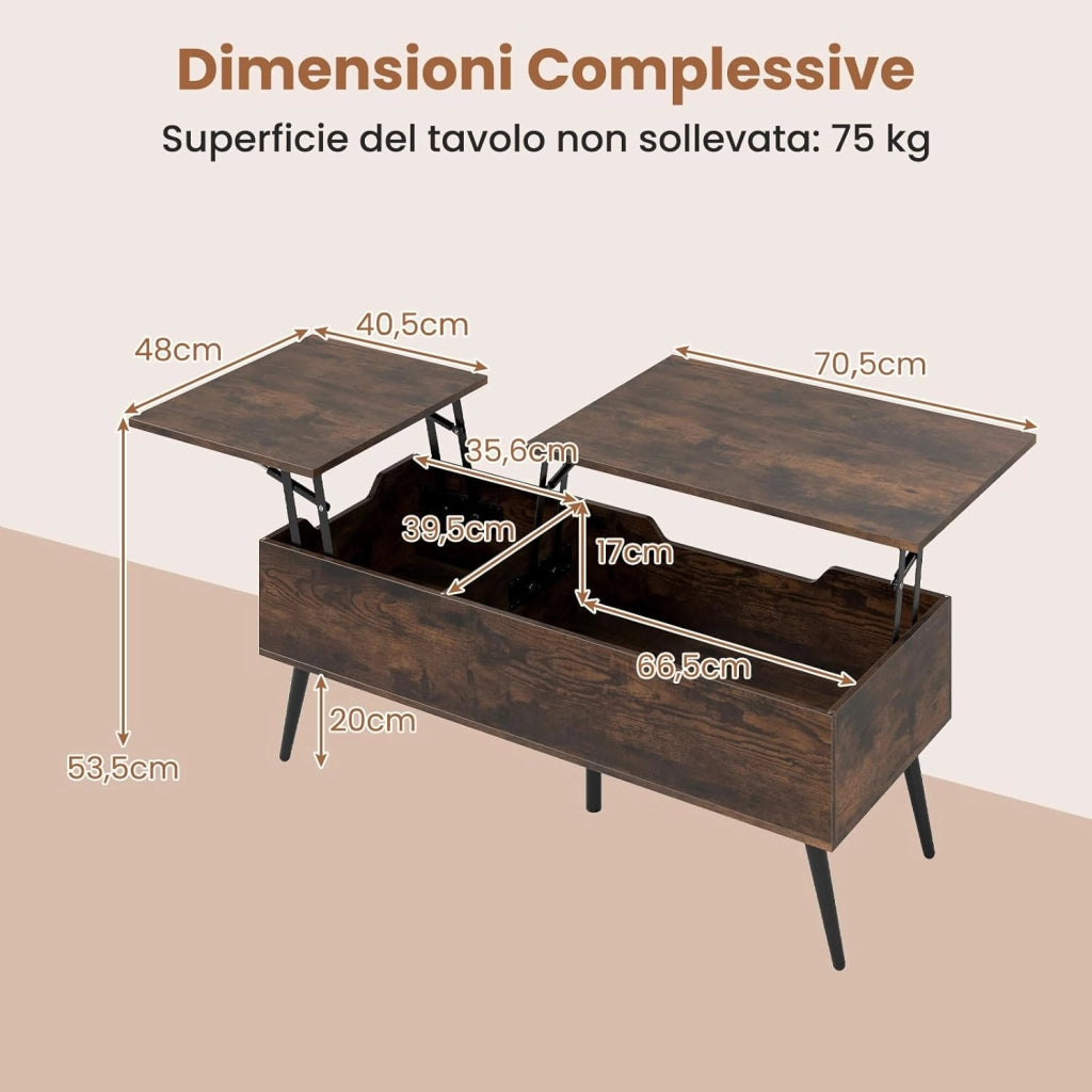 Tavolino da Caffè con Piano Sollevabile, Tavolino Moderno con 2 Scomparti Nascosti e Gambe in Metallo, Tavolo per Soggiorno, Studio e Ufficio, 111 x 48 x 40-53,5 cm (Marrone)