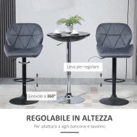 Set 2 Sgabelli da Bar con Altezza Regolabile Base in Metallo Seduta in Velluto, Sgabelli Cucina Alti Girevole con Schienale e Poggiapiedi, 51.5x57.5x93-114.5cm, Grigio