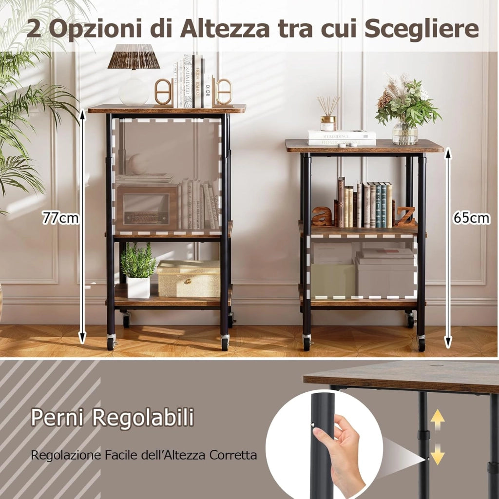 Supporto per Stampante, Carrello Stampante a 3 Livelli con Ripiani di Stoccaggio e Ruote con Blocco, Altezza Regolabile, per Stampante 3D Scanner Fax, 49 x 40 x 65/77 cm (Marrone)