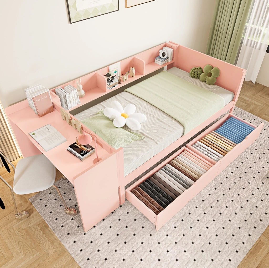 Letto singolo 90x200 cm con scrivania, 2 cassetti e ripiani, rosa