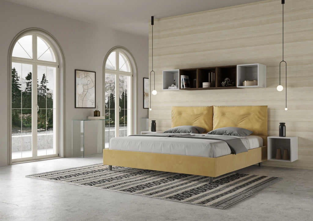 BS COM Letto matrimoniale king size con rete imbottito 190x210 microfibra ocra Large