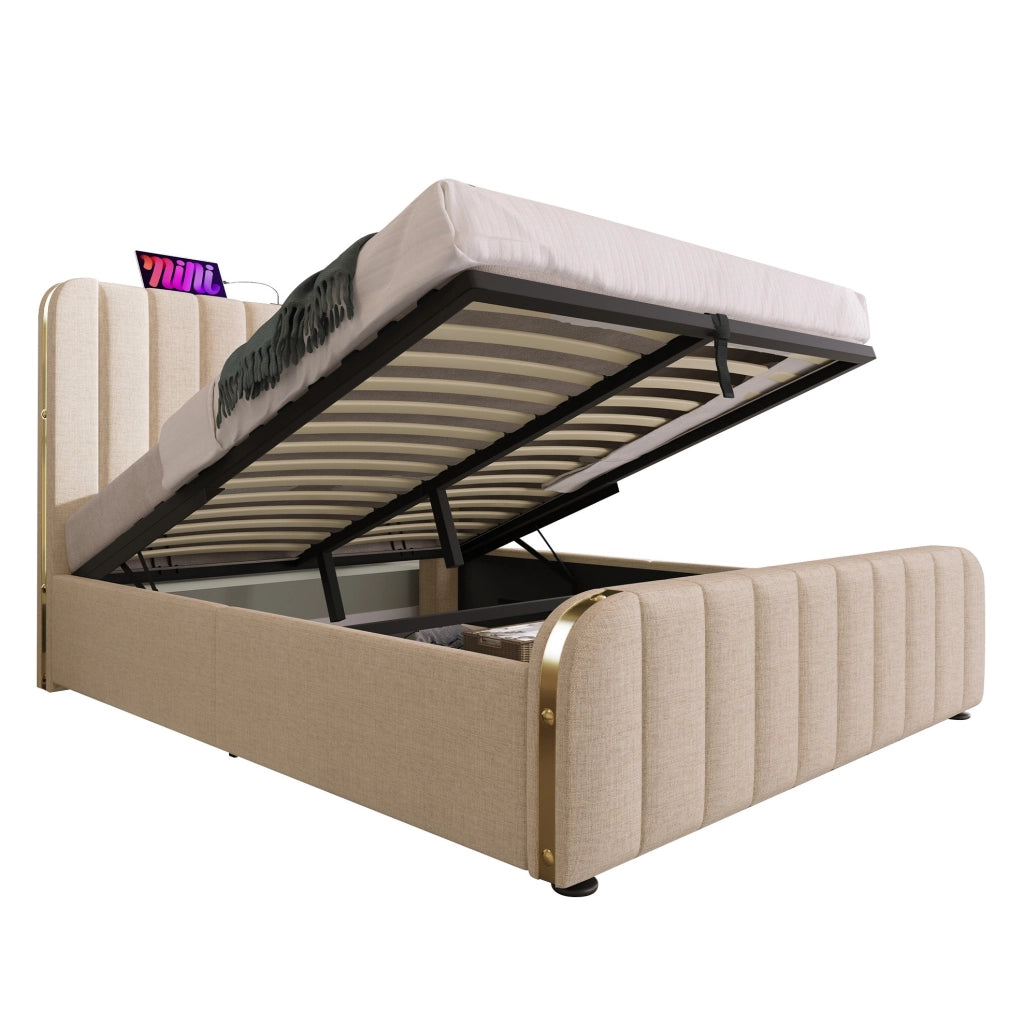 Letto matrimoniale imbottito 140x200 cm in lino beige con USB Type-C; contenitore e materasso H3