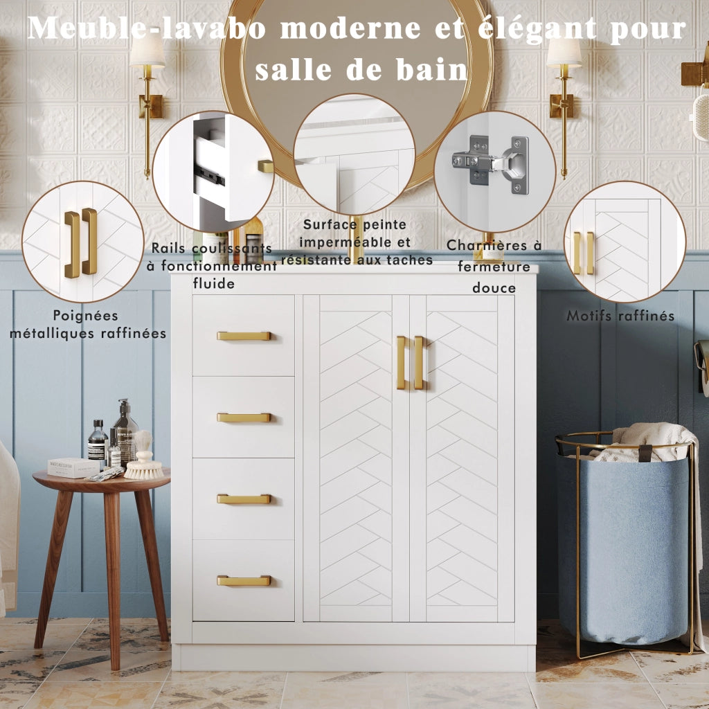 Mobile sottolavabo con lavabo in ceramica, 2 ante, 3 cassetti e ripiani aperti per bagno, bianco, 76.5 × 46.5 × 84.5 cm