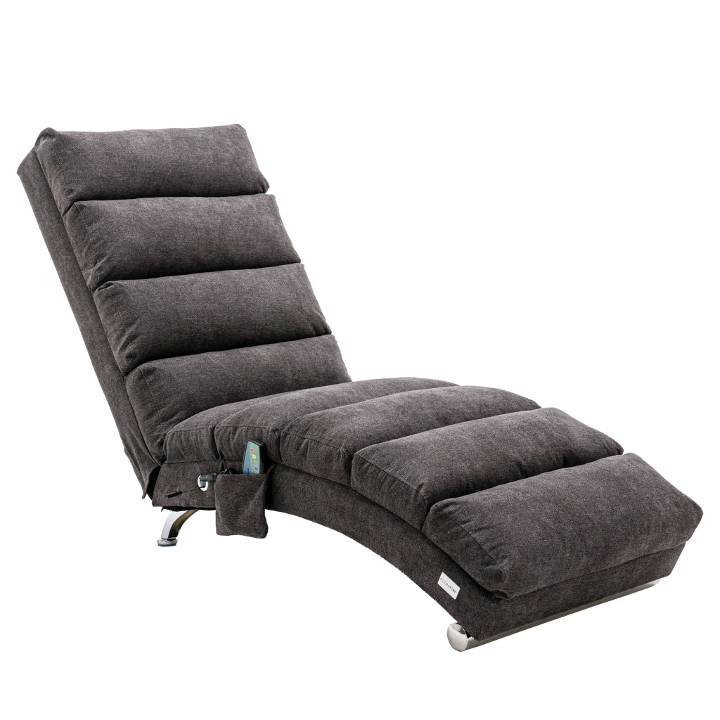 OKWISH Chaise Longue Massaggiante, Schienale Ergonomico 140° con Vibrazione Delicata e Tasca Laterale, Lino Grigio Scuro